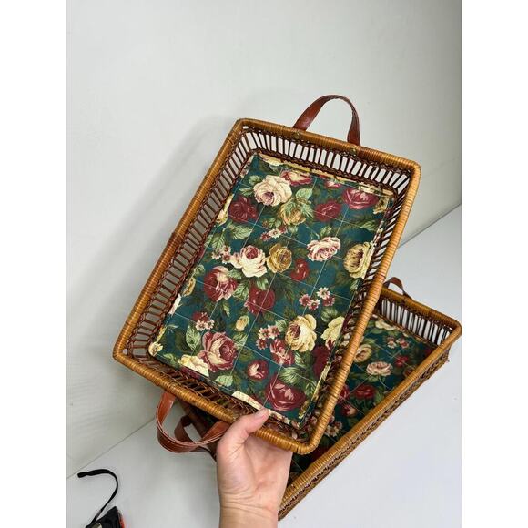 Vintage Wicker Serving Trays with Fabric Liner (set of 2) - Picture 3 of 10